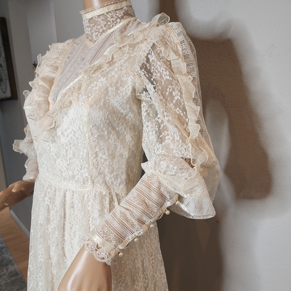 Gunne Sax Vintage Ivory Lace Midi Dress Victorian Edwardian 70s 80s XS - Picture 15 of 16